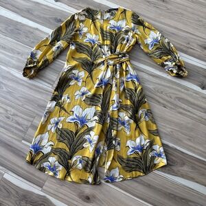ZARA‎ FLORAL PRINT GATHERED DRESS WITH TIED BELT MUSTARD YELLOW XS